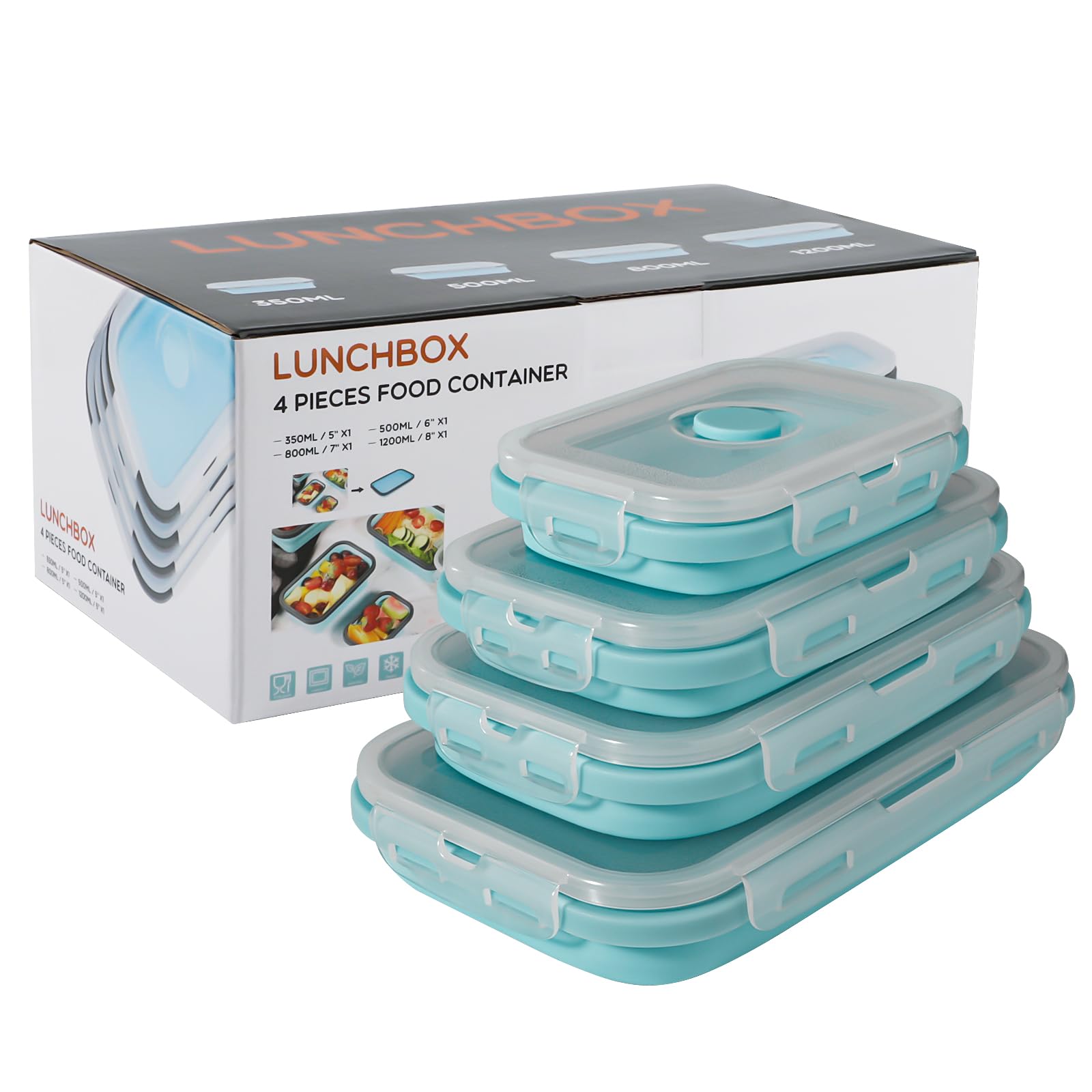 Contenitore per alimenti in silicone pieghevole con coperchio, portatile, salvaspazio, adatto al microonde e congelatore, set di 4 (Azzurro)