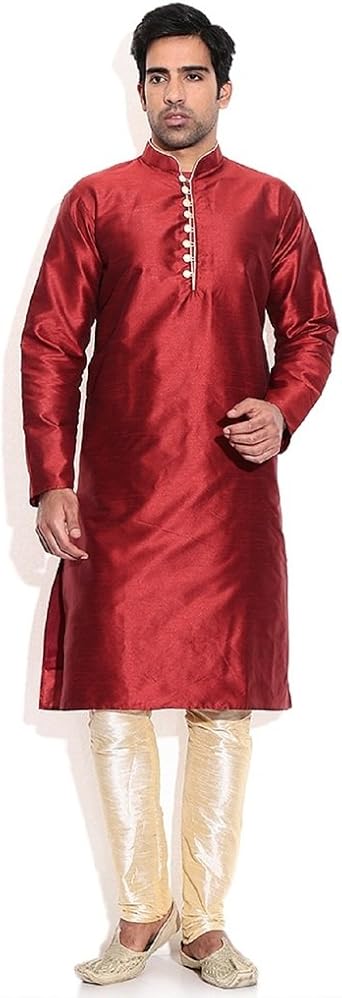 Royal Kurta Mens Silk Blend Occassional Wear Loopbutton Kurta Set 38 Maroon
