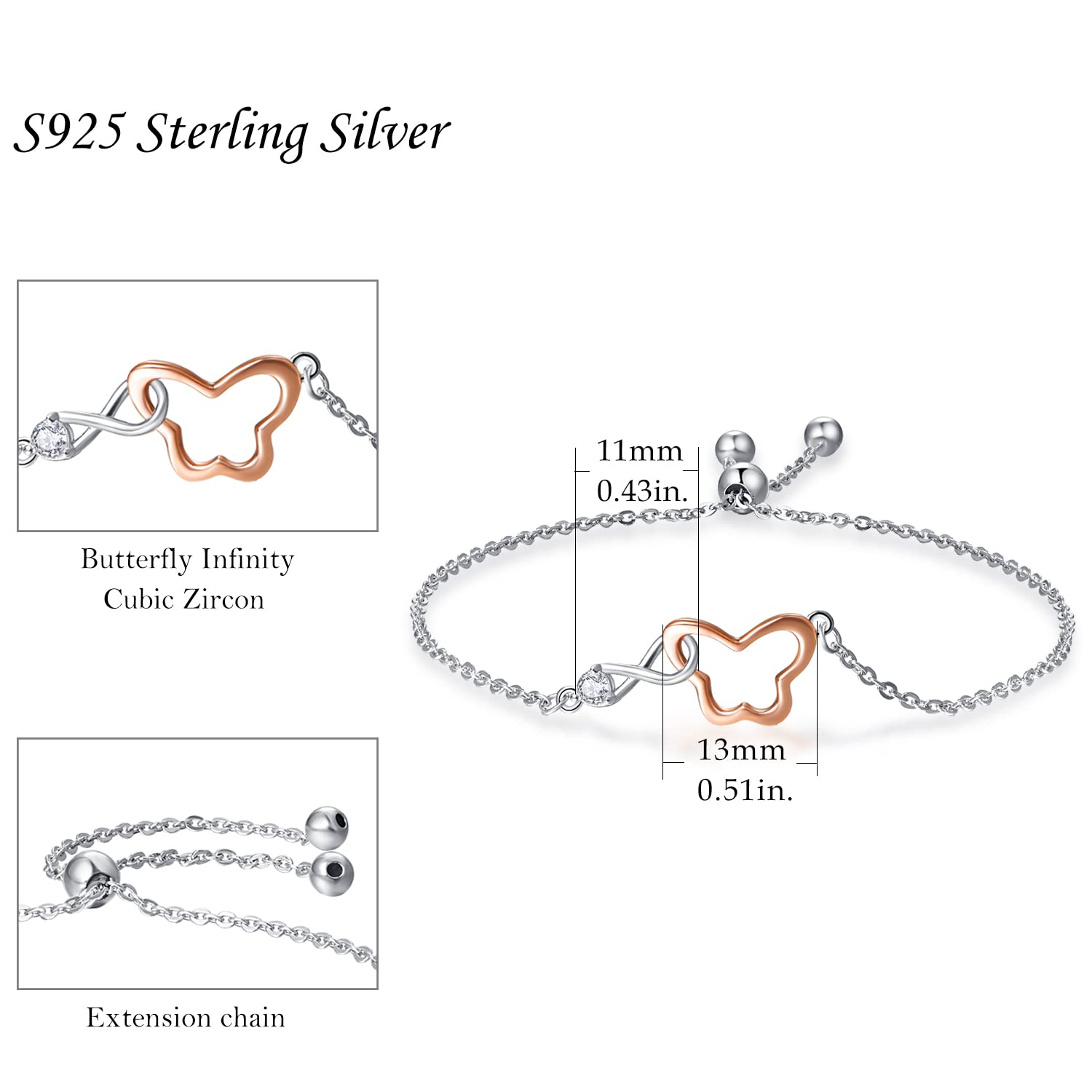 PRAYMOS Pulsera infinita de plata de ley con forma de mariposa/corazón de amor, joyería regalo de cumpleaños para mujeres, niñas, esposa, mamá, hermanas, cadena ajustable de 7 pulgadas + 2 pulgadas