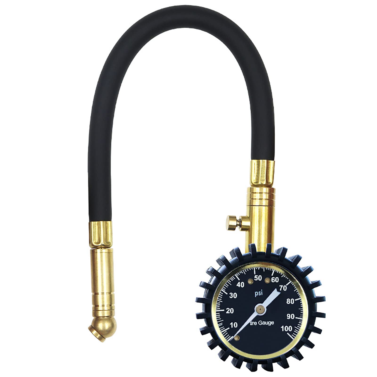 Manometro per Pneumatici, contatore di Pressione Portatile puntatore, Tubo in Gomma Resistente e Struttura in Ottone Massiccio, Adatto per Auto, Camion e motocicli (Oro)