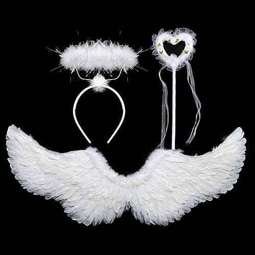 Musdoney Alas de ángel, halo y palo mágico para niños, disfraz de ángel para adultos, alas de plumas utilizadas para Halloween, disfraz de