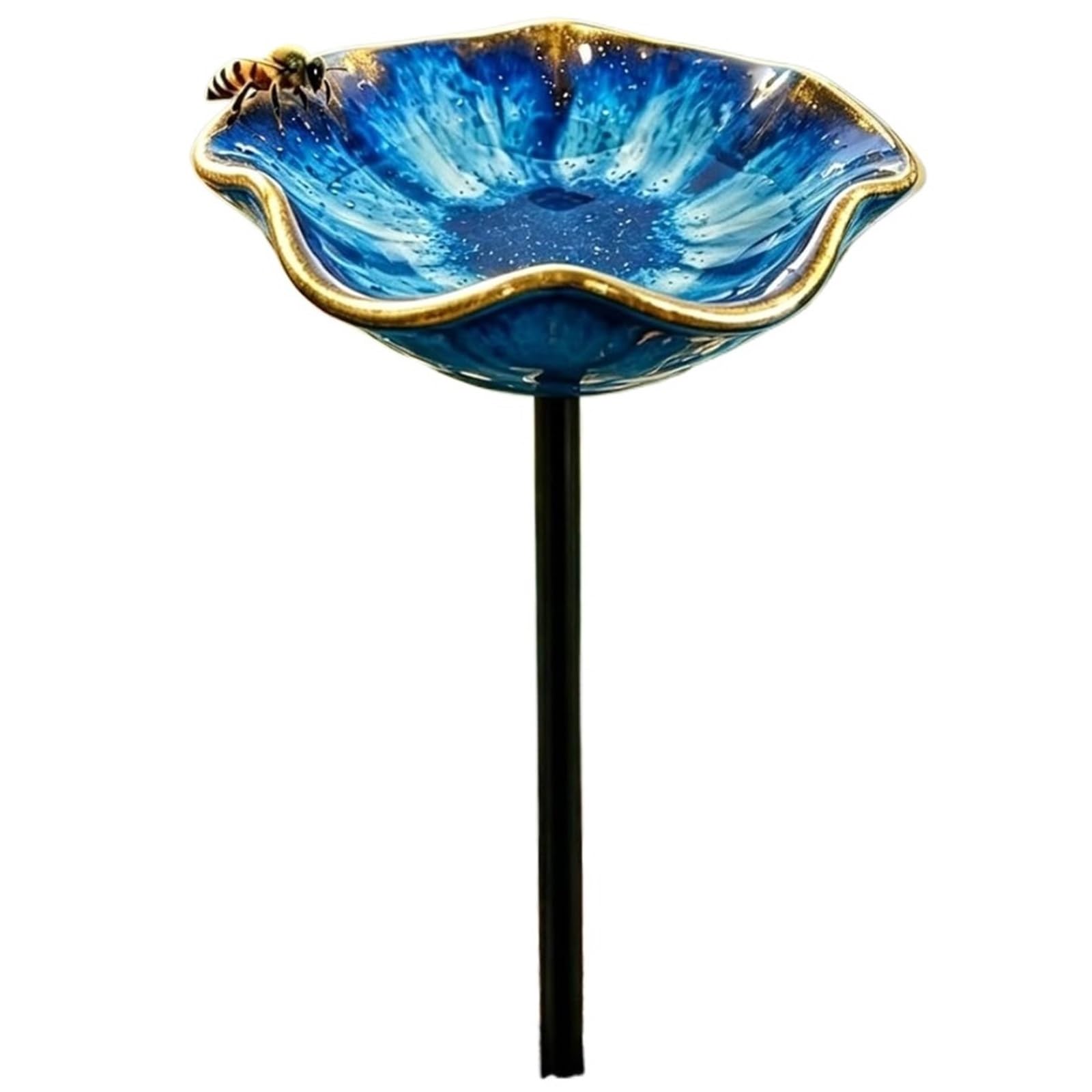 QAZWZG Handmade Ceramic Flower Garden Stakes Bird Bath Ceramic Bee Watering Station, Handmade Flower Garden Stakes Bird Bath, Mini Pollinator(Blue)