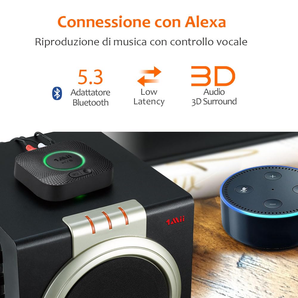 1Mii Ricevitore Bluetooth 5.3, Adattatore Audio Bluetooth HiFi con Jack AUX 3,5mm e RCA, 3D Surround e aptX HD, Wireless per Amplificatore, Stereo Casa, Lungo Raggio 50m
