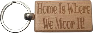 Decalarama Narrowboat Keyring Gift - Home Is Where We Moor It Engraved Hardwood Key Fob Novelty Nice Custom Barge Canal Boat Present