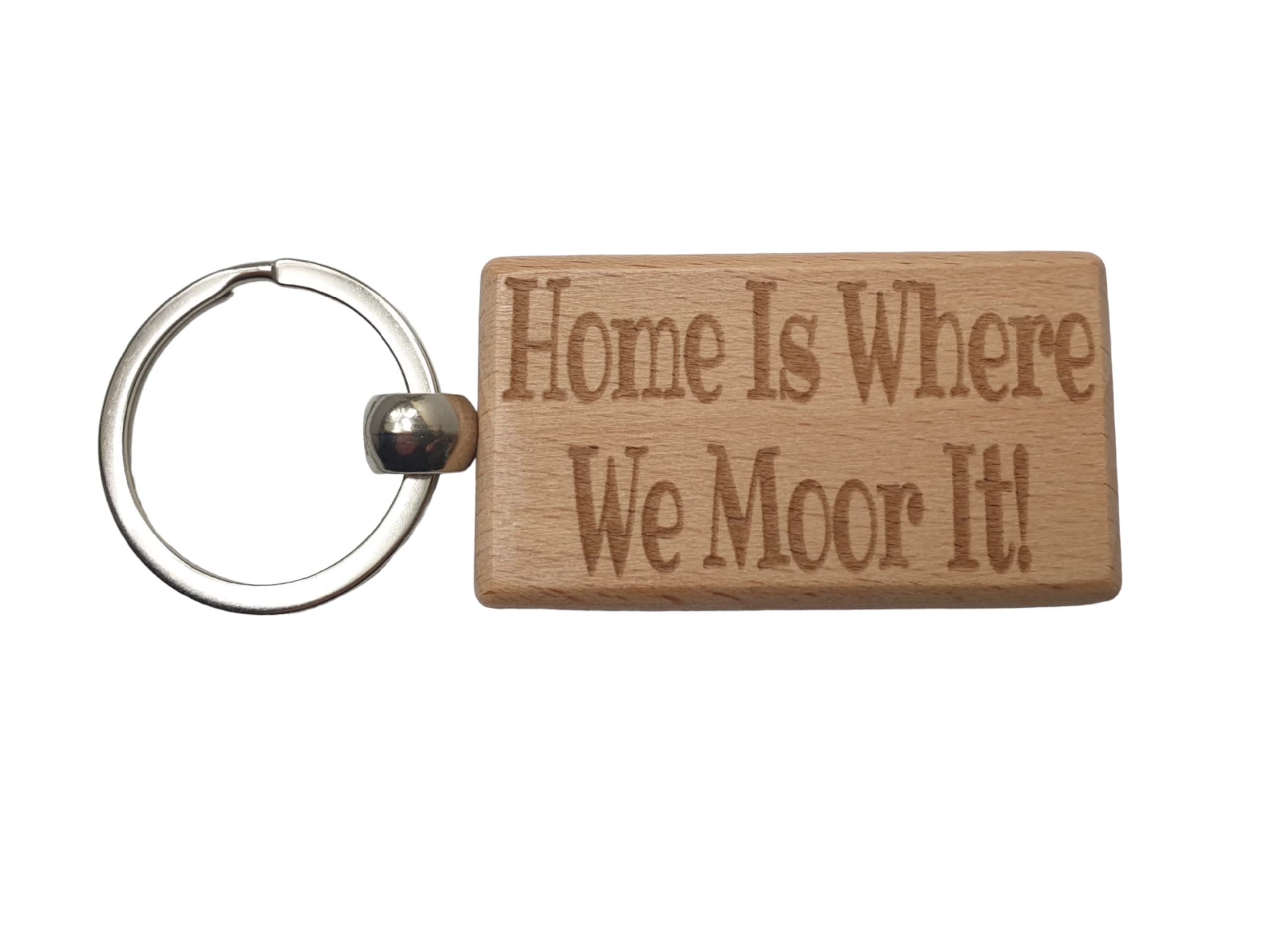 Decalarama Brown Narrowboat Keyring Gift - Home Is Where We Moor It Engraved Hardwood Key Fob Novelty Nice Custom Barge Canal Boat Present