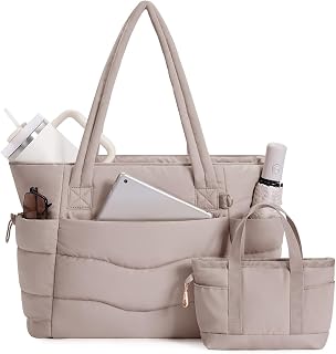 WanderingNature Puffer Work Tote Bag for Women - 40oz Tumbler Pocket, 15.6" Laptop Sleeve, Trolley Sleeve, Detachable Mini Nurse Bag Set