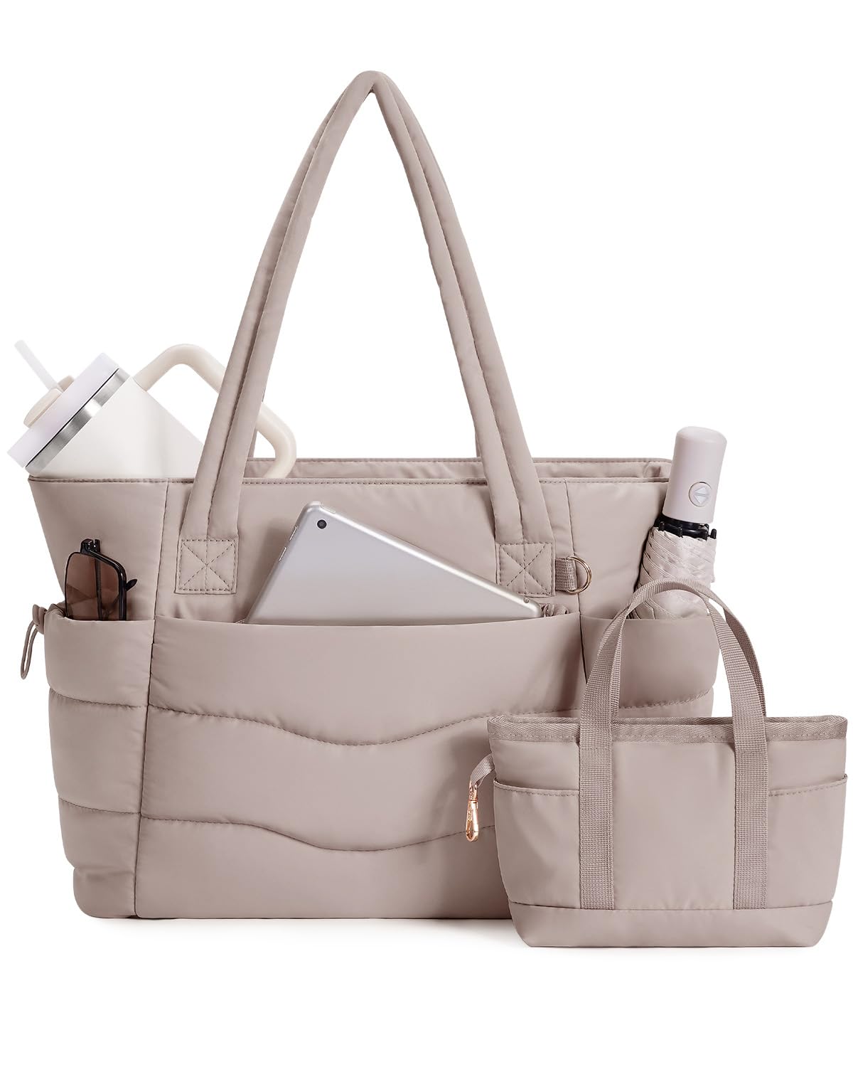 Wandering Nature Handtasche Damen Tote Bag 2-Tlg Puffer Shopper Tasche mit Laptopfach (15,6 Zoll) & Getränkehalter (40oz/1.18l), Ideal für Arbeit Schule Reisen Shopping (Patent Angemeldet)