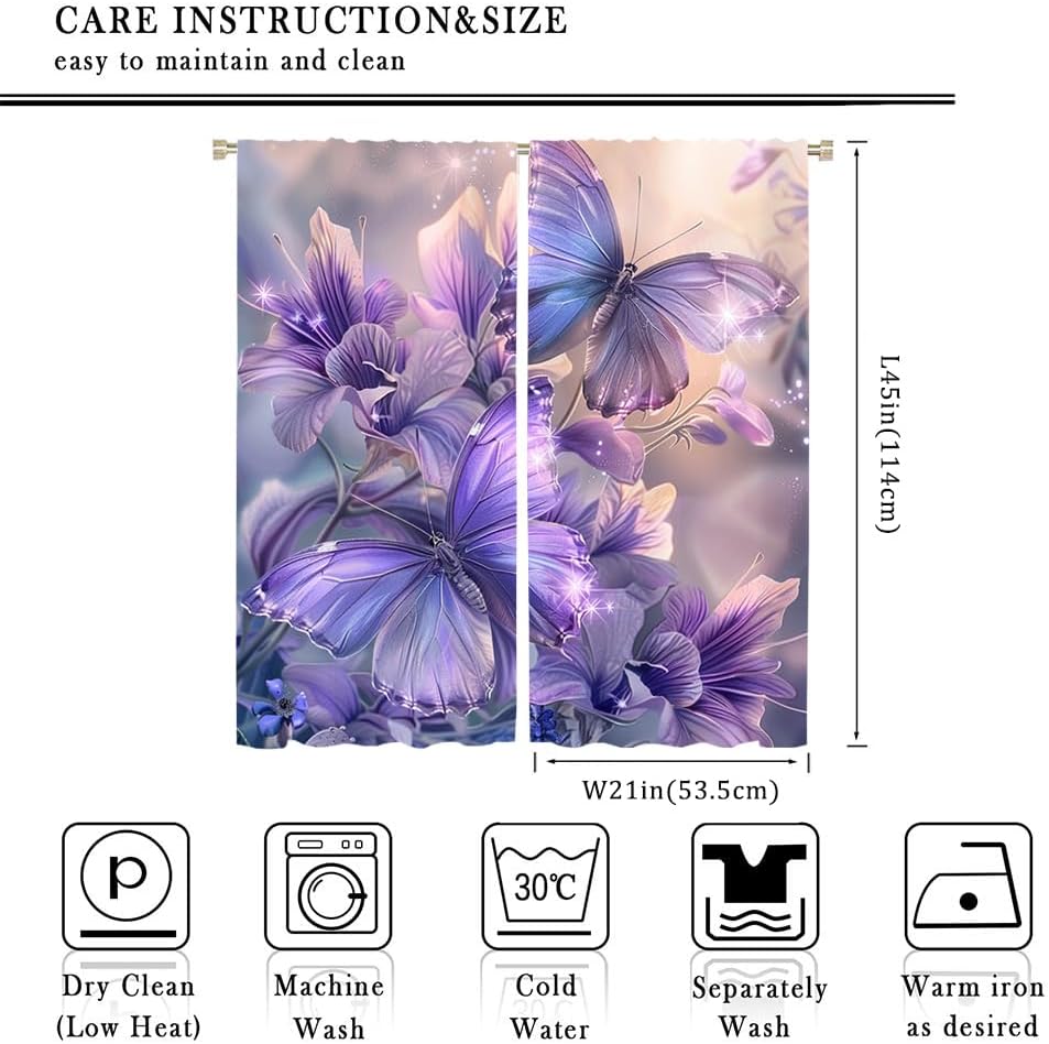 Brebasf Purple Floral Butterflies Blackout Curtain Watercolor Rustic Spring Purple Flowers Fly Butterfly Rod Pocket Window Thermal Insulating Drapes Decor for Bedroom Curtains 2 Panels 45" L x 21" W