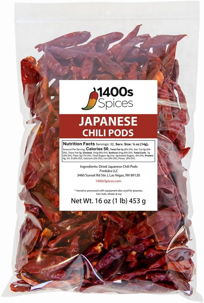 1lb Japones Dried Whole Chile Peppers, Japanese Red Pepper, Chili Seco Pods for Authentic Mexican Food, Heat-Sealed Resealable Bag by 1400s Spices