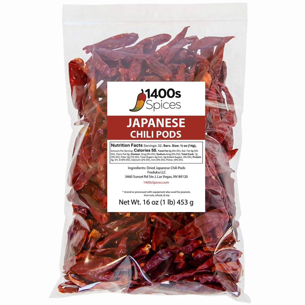 1lb Japones Dried Whole Chile Peppers, Japanese Red Pepper, Chili Seco Pods for Authentic Mexican Food, Heat-Sealed Resealable Bag by 1400s Spices