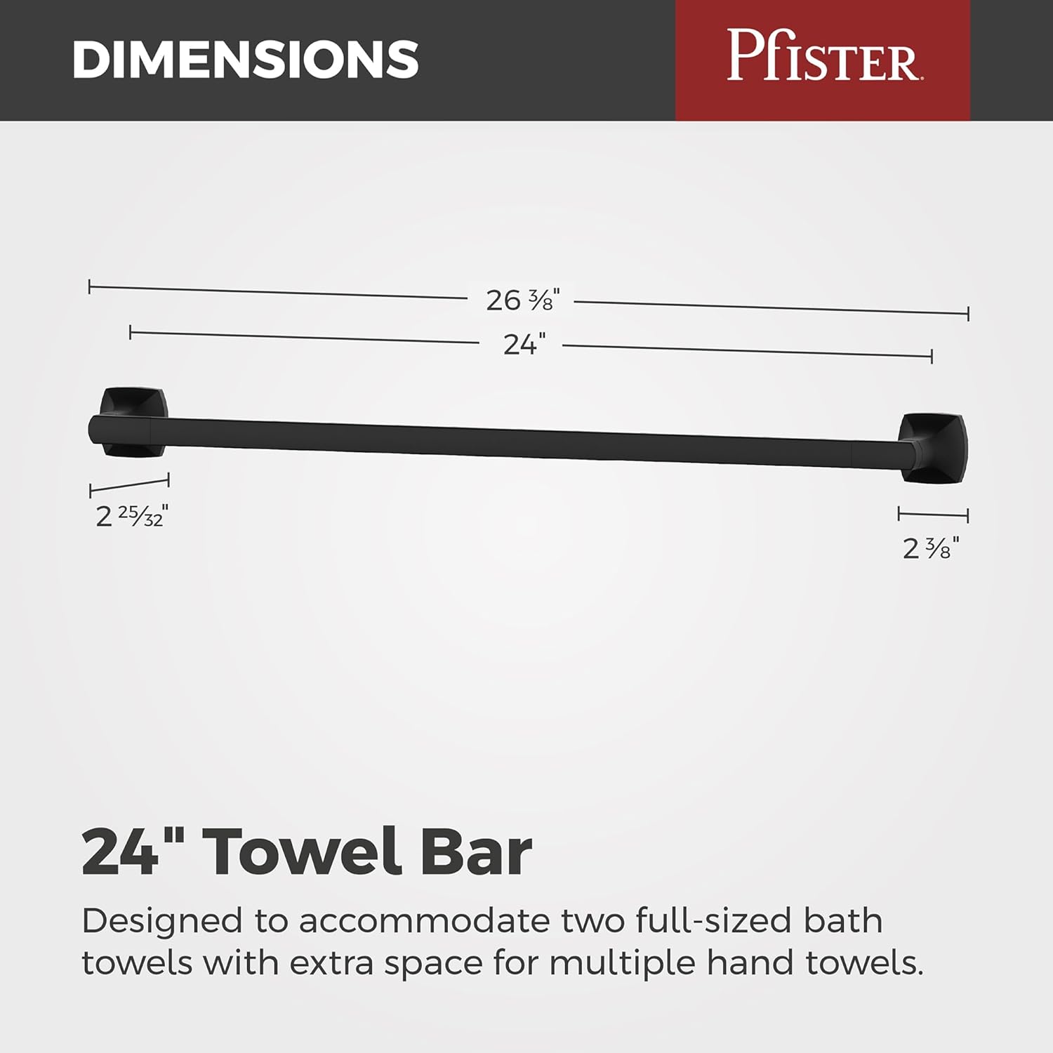 Pfister Vaneri Bath Towel Bar for Bathroom, 24-Inch, Wall-Mounted, Screw-In, Matte Black Finish, BTBVRI2B