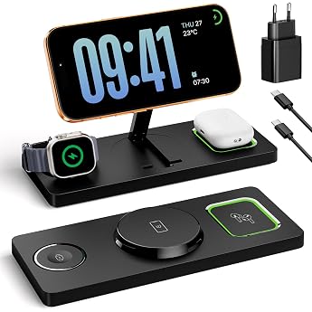 3-in-1 MagSafe Charging Station iPhone Apple Watch Foldable Inductive Charging Station Compatible with MagSafe Charger for iPhone 17/16/15/14/13/12 Apple Watch & AirPods Includes 20W