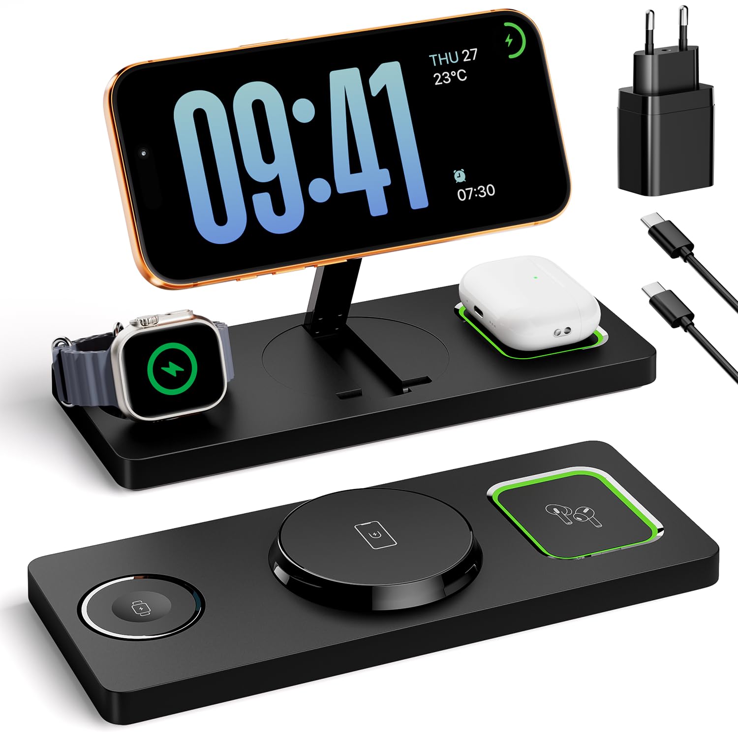 Eddibox 3 in 1 MagSafe Ladestation iPhone Apple Watch, Faltbar Induktive Ladestation Kompatibel mit MagSafe Ladegerät für iPhone 17/16/15/14/13/12, Apple Watch & AirPods (inkl. 20W Adapter) - Schwarz