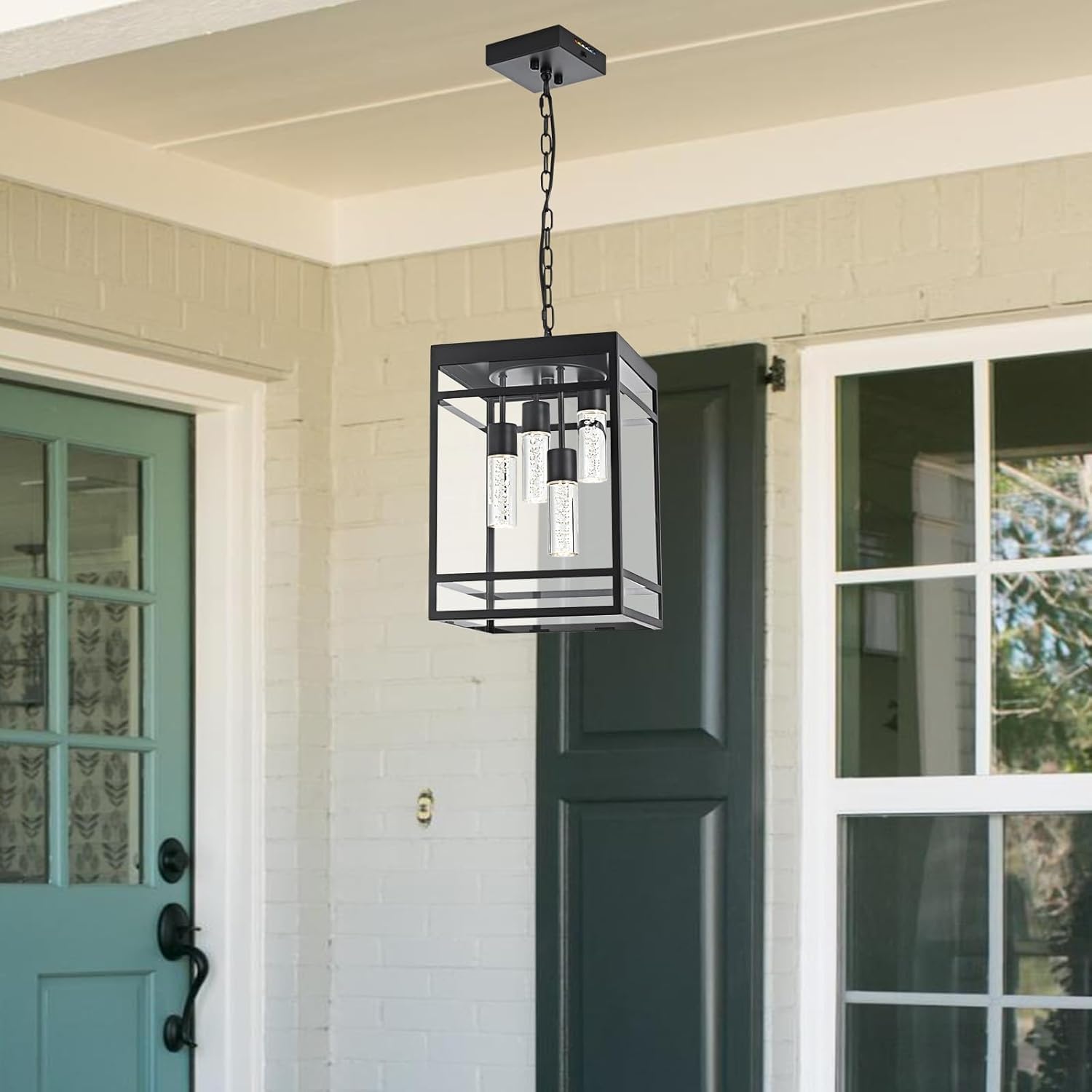 Outdoor Large LED Pendant Light Fixtures,4 Lights 5CCT Outdoor Pendant Lighting Black, LED Integrated Bulbs Hanging Lantern,Exterior Light for Porch,Patio,Foyer