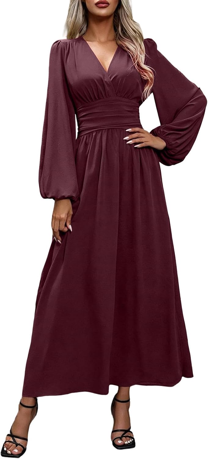 Women Maxi Dress Long Sleeve Puff Sleeve High Waist A Line Dresses