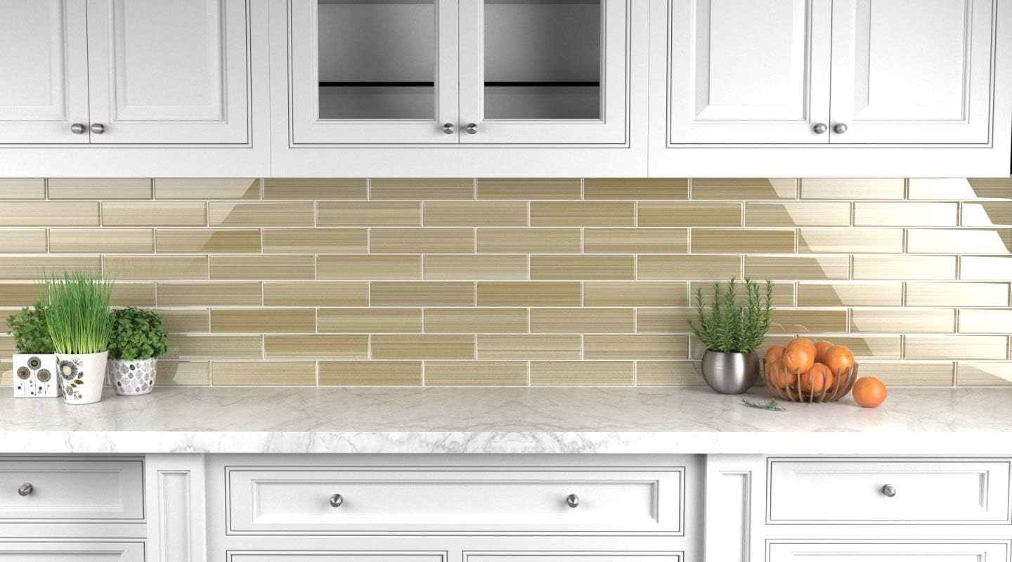 Classic Hand Painted Series - Cupatea - Light Brown Glass Subway Tile for Kitchen Backsplash or Bathroom, 3x12