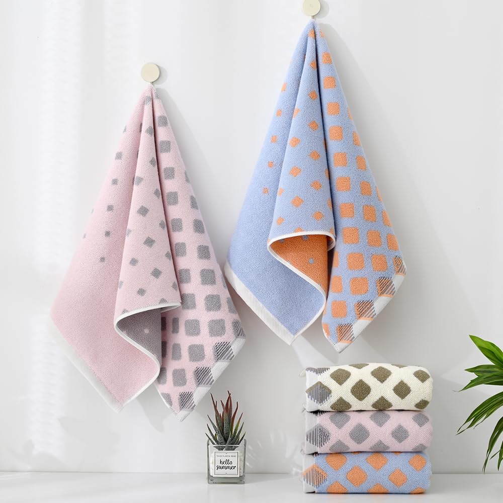 YiLUOMO Hand Towel Set of 2 Super Soft Highly Absorbent Modern Gradient Square Pattern Design 100% Cotton Face Towels Quick Dry Hand Towels for Bathroom Decor 13 x 29 Inch(Pink & Grey) - Image 5
