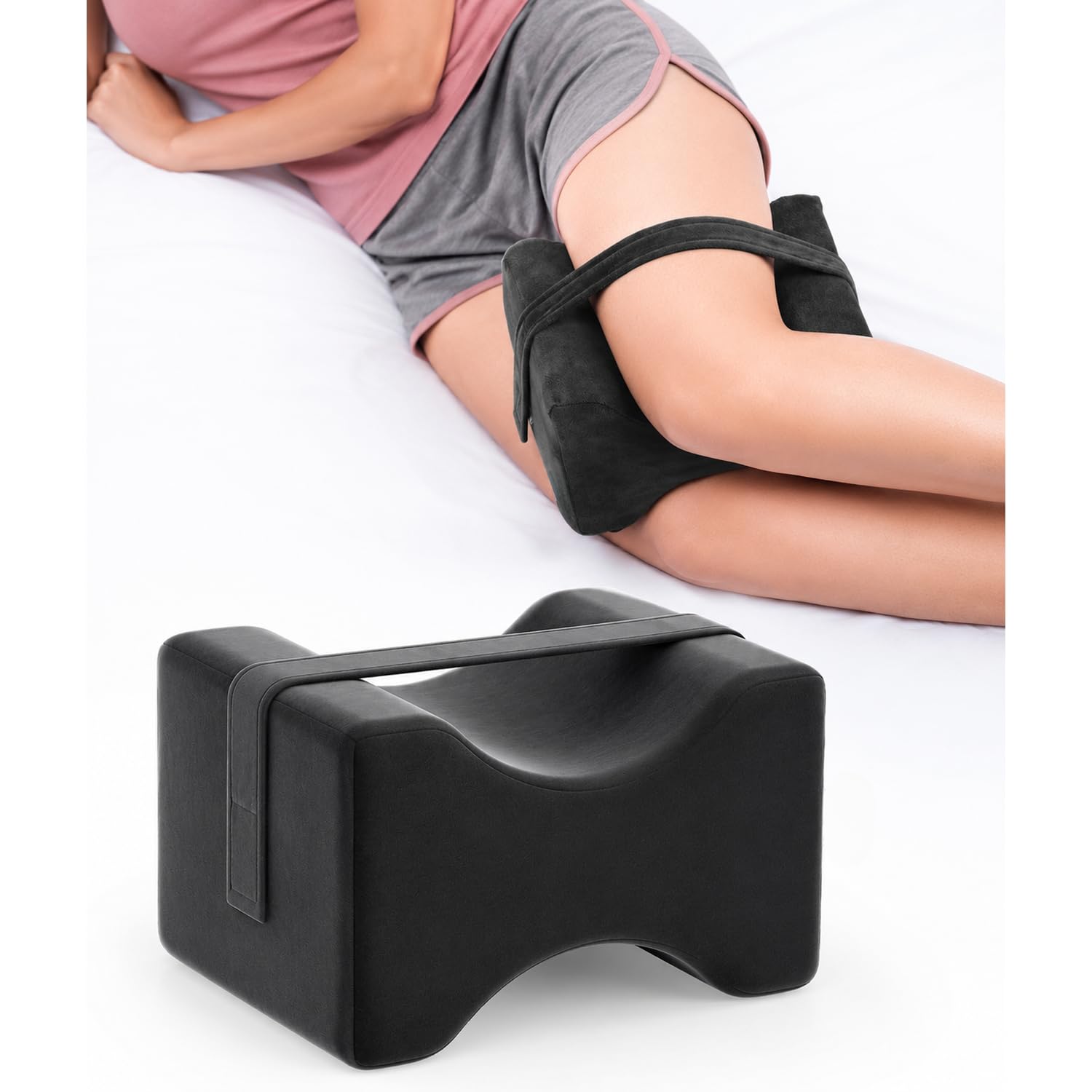 VERVENIX Pack of 1 Knee Pillow for Side Sleepers with Adjustable Strap, Orthopedic Leg Pillow for Sciatica, Hip, Back & Knee Pain Relief, Knock Knee Alignment, Pregnancy Support, Washable Cover, Black-image-2