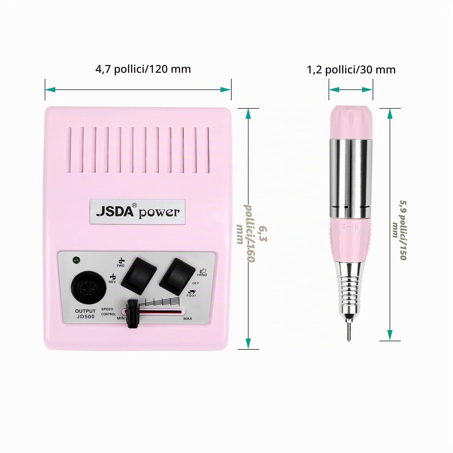 JSDA Fresa per Unghie Professionale 30000 rpm con Pedale, Bassa Vibrazione, Basso Rumore pedale + 4 punte Manicure Pedicure Set Per Rimuovere lo Smalto e gel- Color Rosa