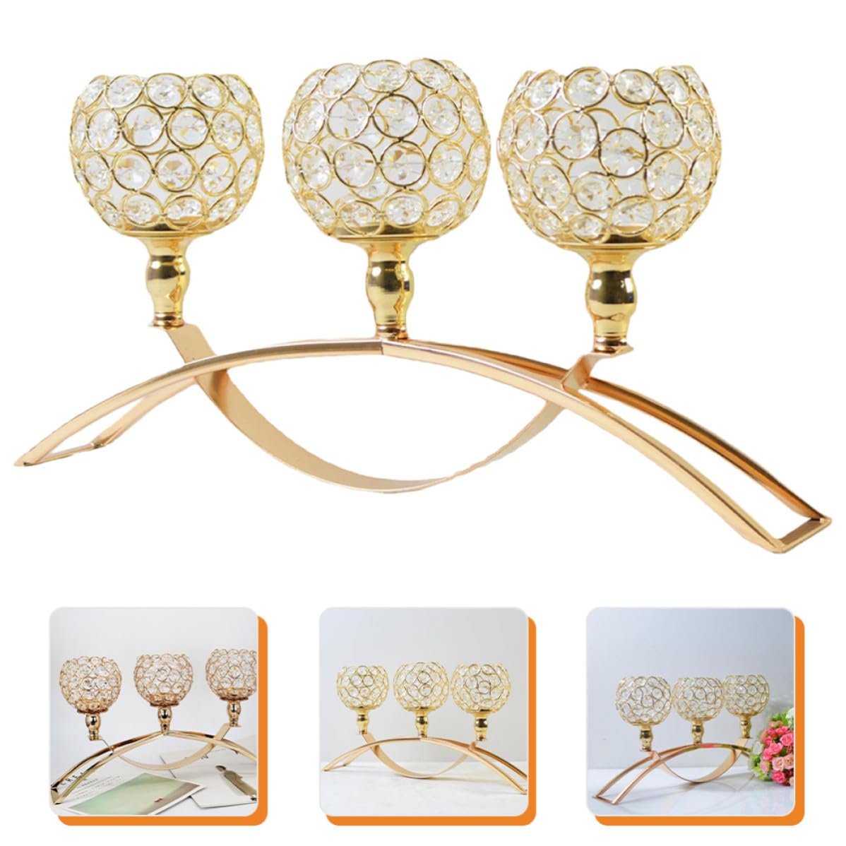Candélabre de Table à 3 Bras en Métal et Cristal, Arche Décorative
