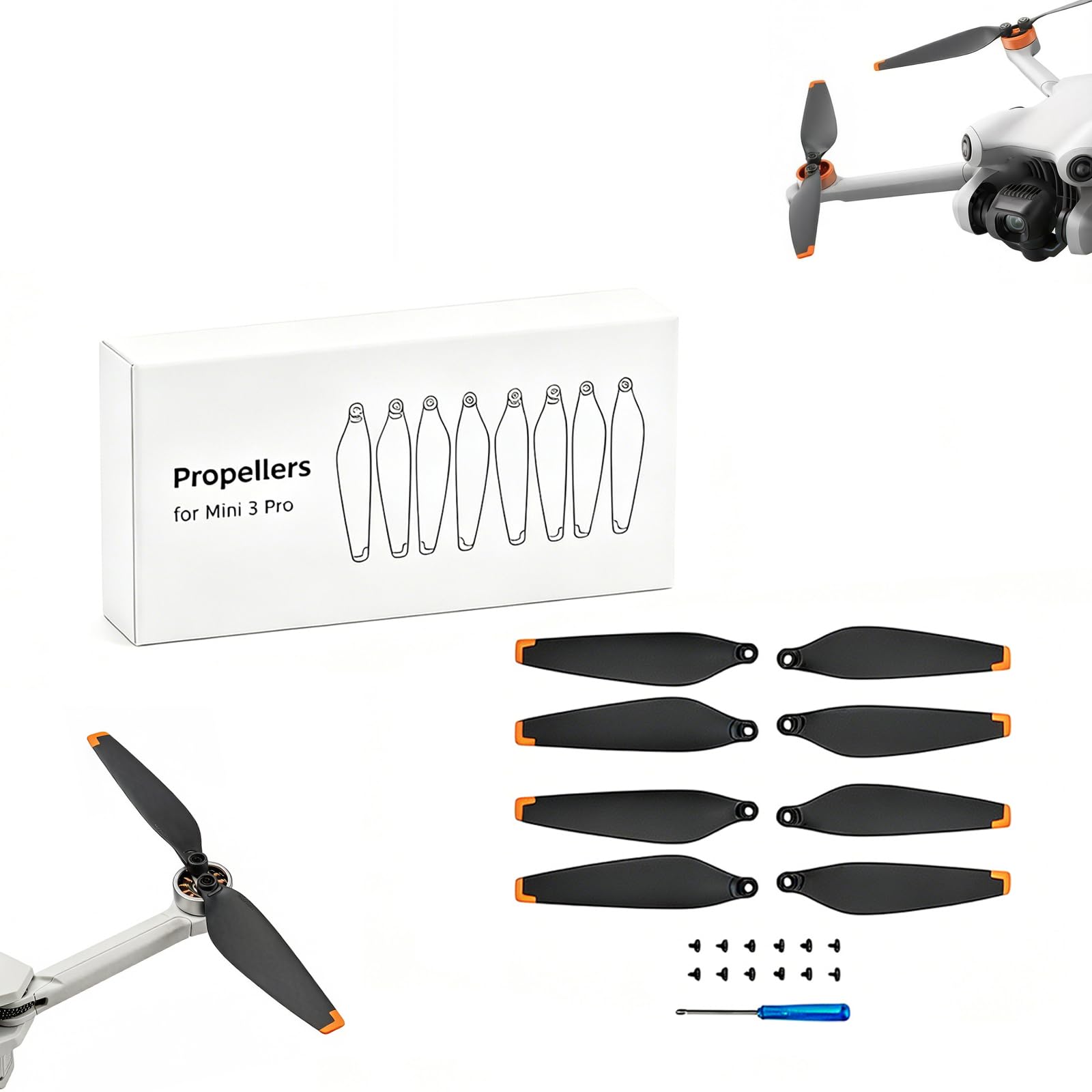 8pcs Propellers for DJI Mini 3 Pro, Replaceable Propellers for Drones, Low Noise Wing Blade Propeller Blade with Screwdriver and 12 Screws, Drone Accessories for DJI Mini 3 Pro (Black Orange)-picture-25