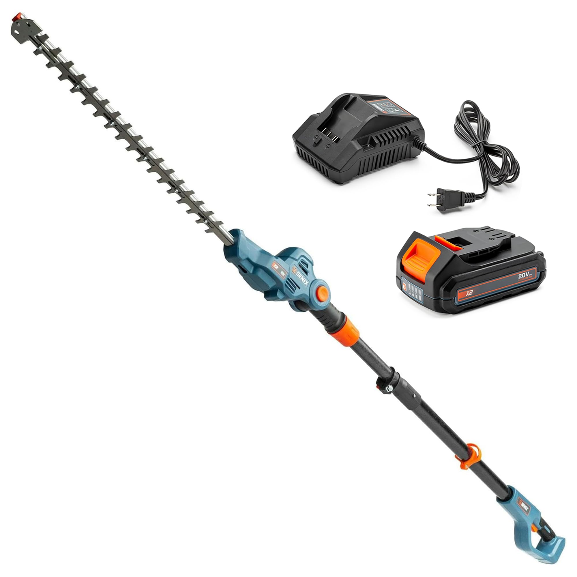 SENIX X2 20V Max Cordless Pole Hedge Trimmer - 18-Inch Adjustable Head, 7.7-Ft Telescoping Shaft, Battery Included, Eco-