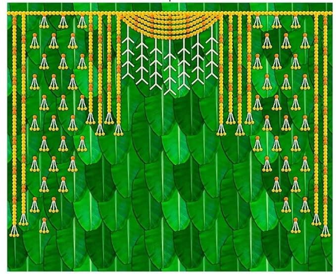 Image of varalakshmi backdrops | Banana Leaf Backdrop Decoration | Lakshmi poojas Backdrop | Banana Leaves for Decorations | Backdrop Cloth for Decoration Pooja (8X6 FEET) Pooja Backdrop Cloth