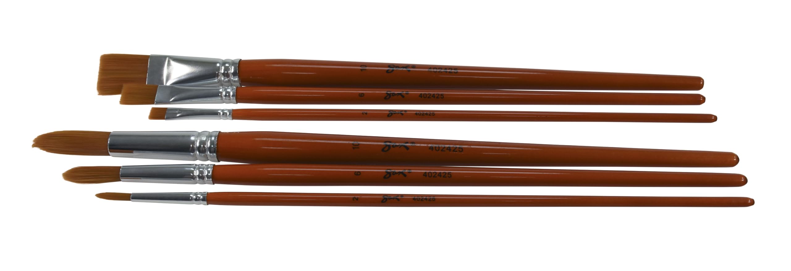 Sax Copper Acrylic Brushes with Long Wood Handle, Round and Bright Sizes 2, 6, and 10 (Set of 6)