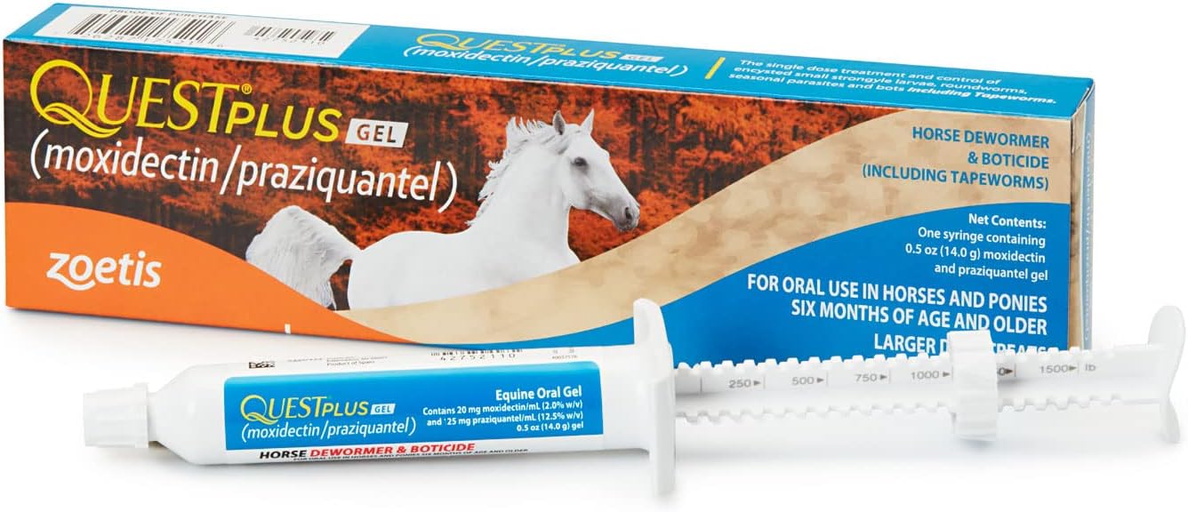 Quest Plus Gel Moxidectin/Praziquantel Horse Dewormer, Late Grazing Season recommended for Horses and Ponies 6 months and older, 0.5oz Sure-Dial Syringe