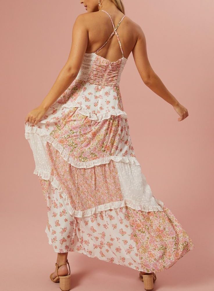 Women Y2k Floral Smocked Maxi Dress Bow Tie Shoulder Tiered Ruffle Midi Sun Dress Boho Casual Beach Long Dresses3