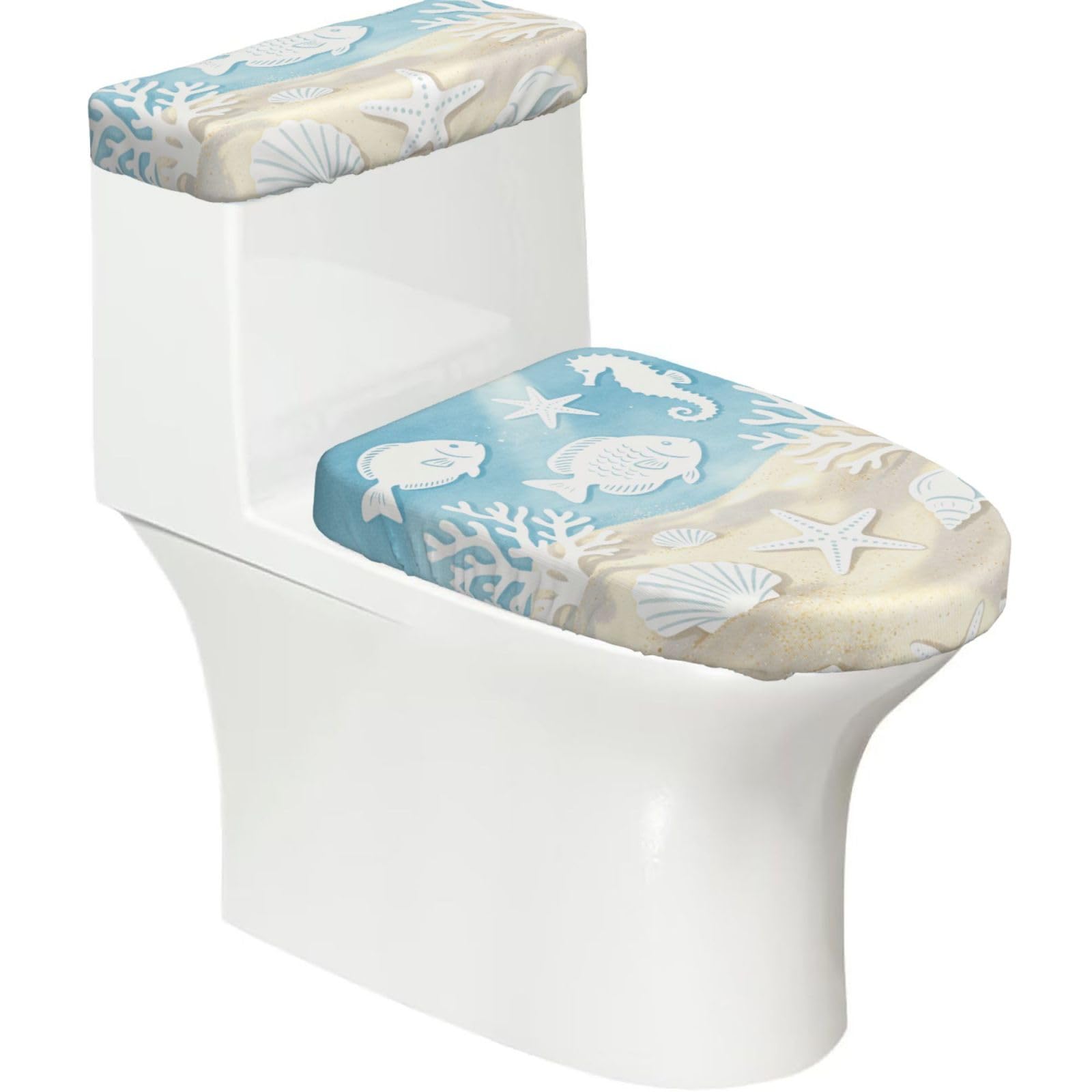 Shell Coral Print Elastic Toilet Cover Set of 2-Stretchy Lid and Tank Covers for Bathroom, Soft Washable U Shape Toilet Decor