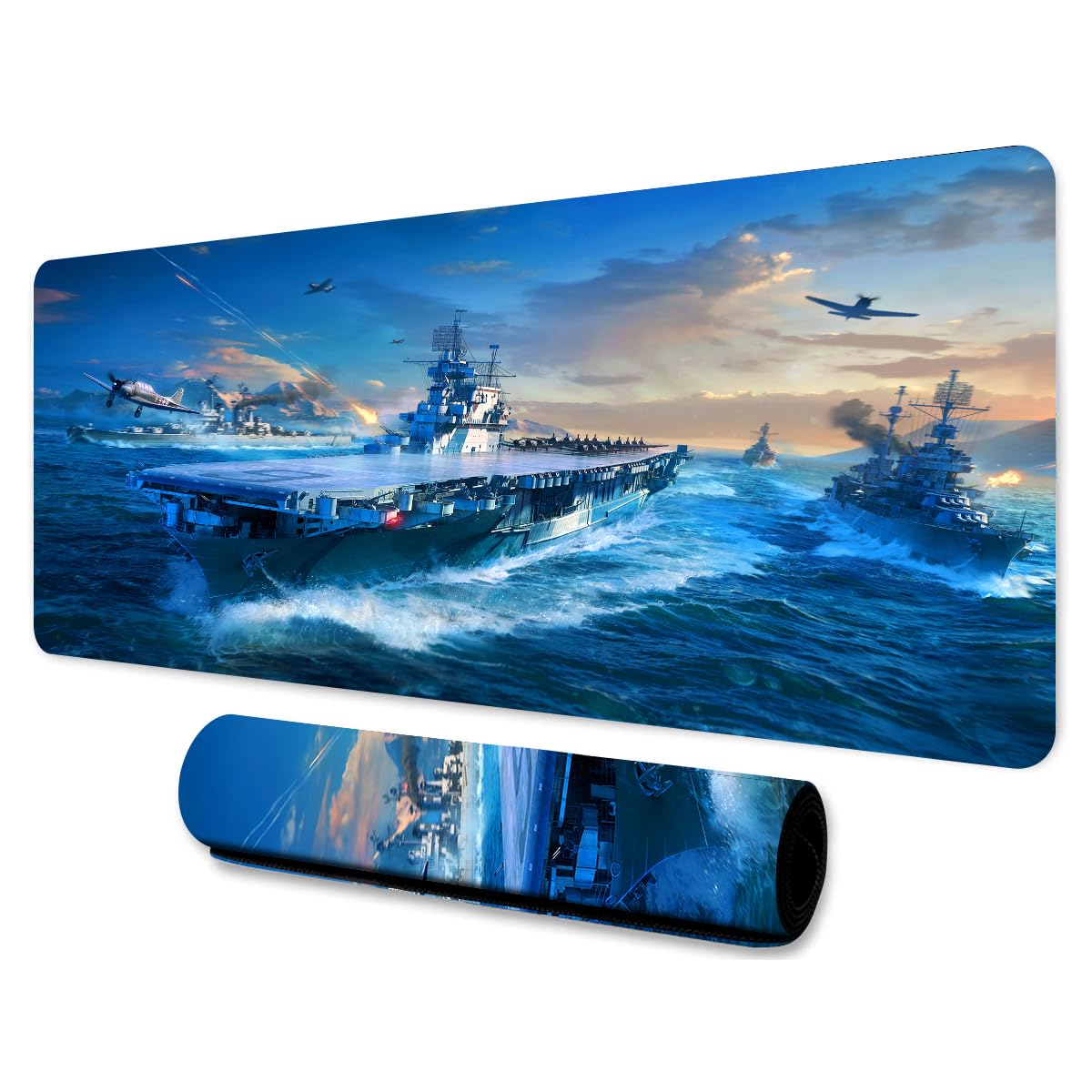 LshyMn Aircraft Carrier Large Mousepad 31.5x11.8 Inches Cartoon Military War Aircraft Submarine Graphic Printed Game Mousepad for Office Computer Desk