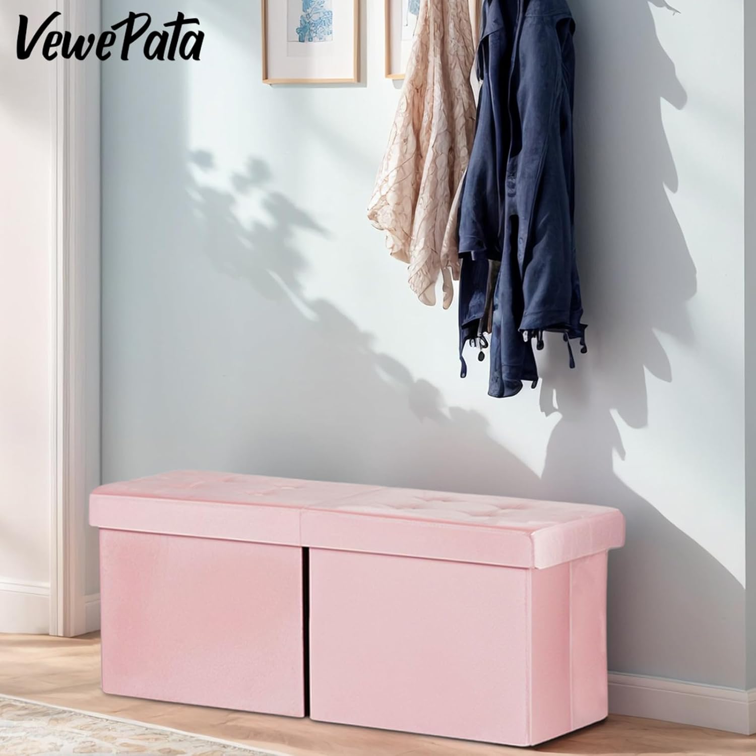 Folding Ottoman Bench with Storage - 34Inches Teddy Velvet Foot Stool Ottoman Bench, Padded Seat, Storage Chest,Blanket Store, for Entryway Livingroom and Bedroom,Pink (34" D x 13" W x 13" H)