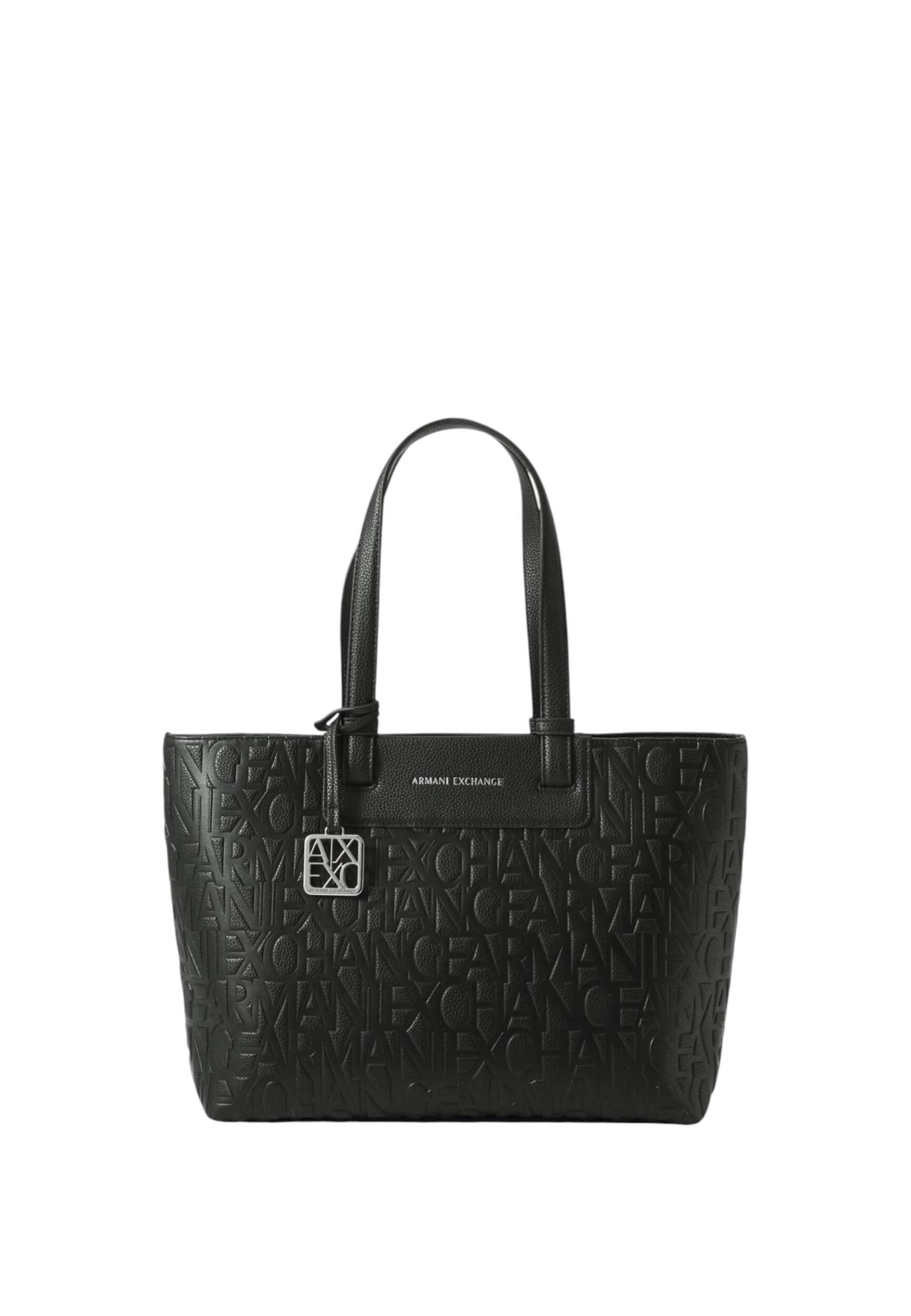Armani Exchange Women's Liz patent embossed logo texture shopping bag, Black, TU
