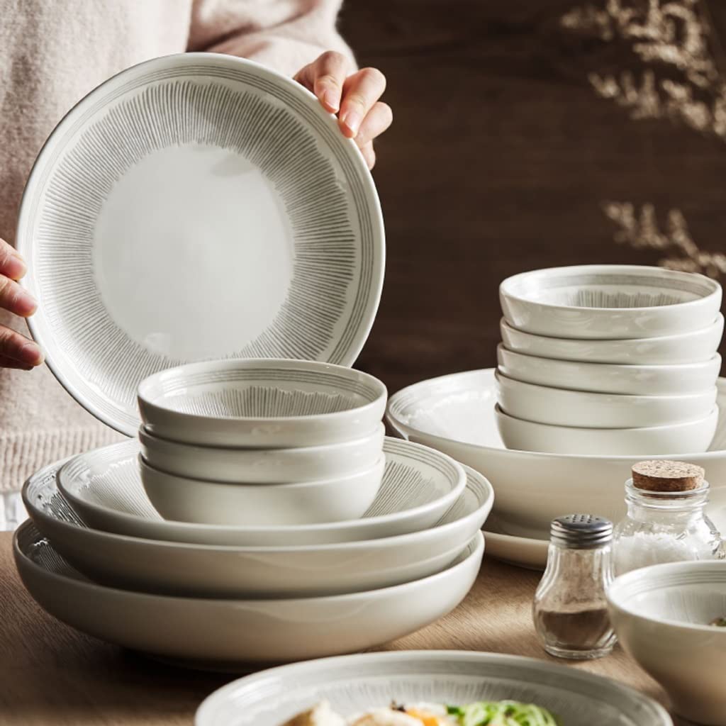 Duży nowoczesny zestaw ceramicznych talerzy obiadowych do układania w stos, głębokie talerze na zupę, sałatkę i bardziej stylową domową zastawę stołową, tacę na miskę, prosty i elegancki design do