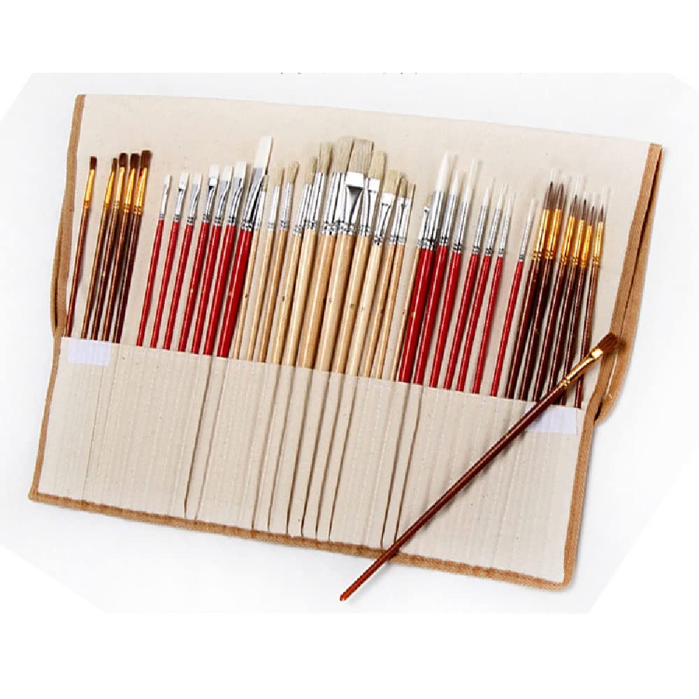 38 Pennello per Pittura, Borsa in Tela, Scatola con Manico Lungo in Legno, Forniture artistiche per Olio, Acrilico e Acqua