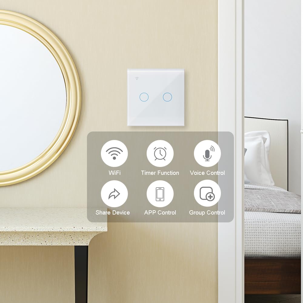 KETOTEK WiFi Podłączony przełącznik dotykowy 2 Gang 1-drożny kompatybilny z Alexa, Tuya Smart Life inteligentna kontrola aplikacji