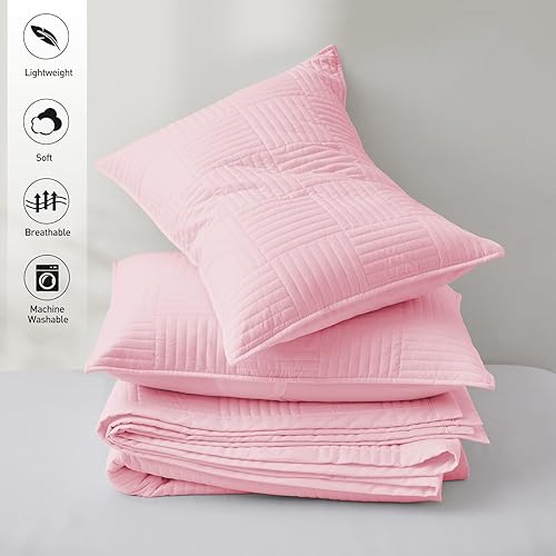 Miniatura 4 de Juego de edredón rosa tamaño King, colcha ligera de verano con patrón cuadrado, colcha de microfibra suave y fina para todas las estaciones, 3