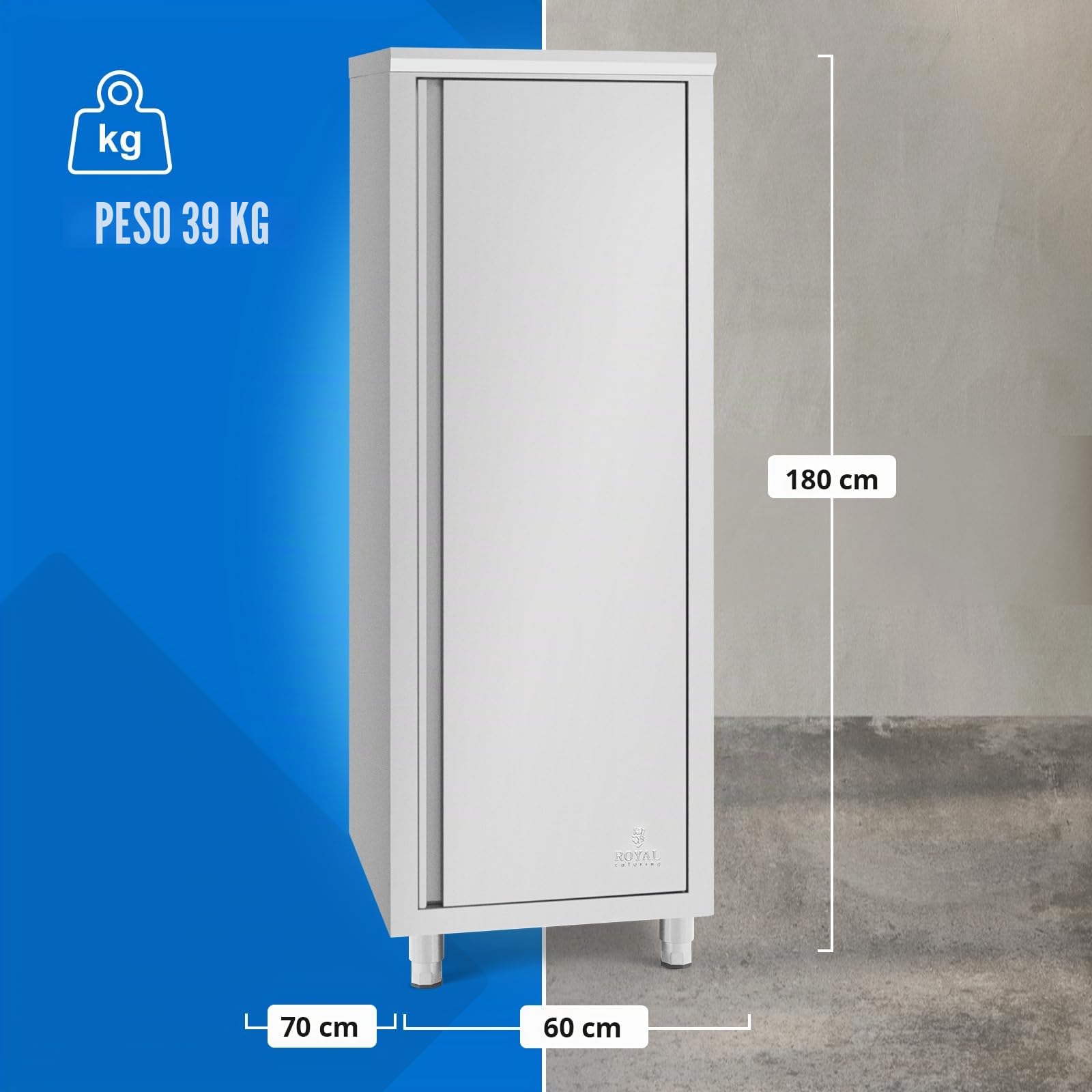 Royal Catering Armadietto da cucina in acciaio inox, 60 x 70 x 180 cm, 3 alloggiamenti, facile da montare, piedini regolabili in altezza
