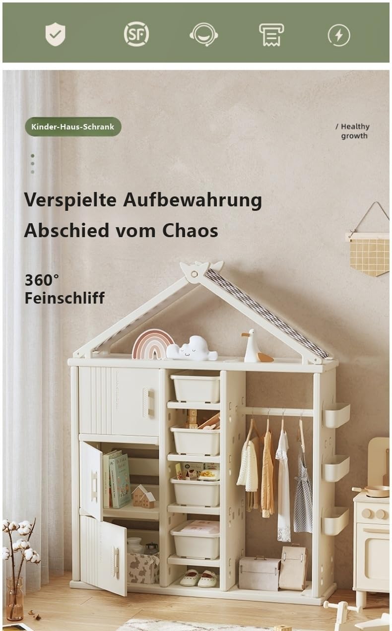 habeig Multifunktionaler Kinder-Kleiderschrank, Hausform Design, Kinderschrank, 156x123x34cm, Beige, mit Türen, Ablagekörben und Kleiderstange, Einfache Montage (20211)