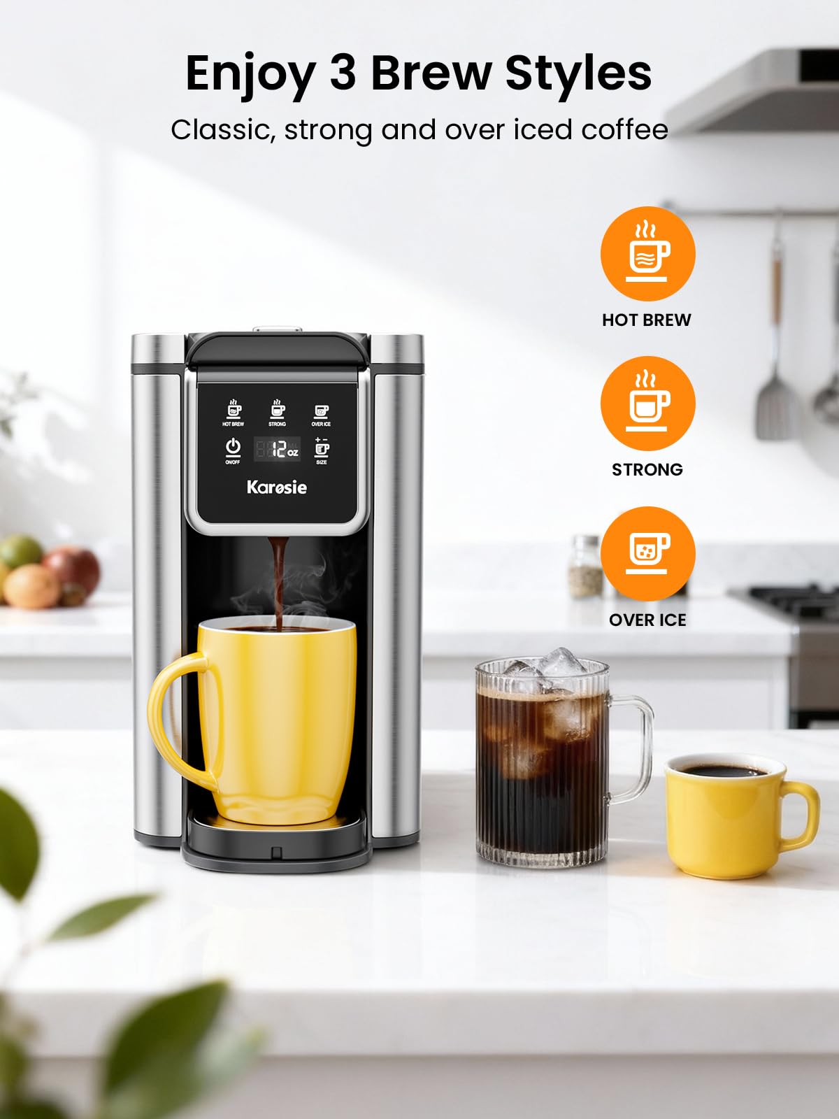Karosie K Cup Coffee Maker, Hot & Iced Coffee Maker for K Cup and Grounds, 6-14 Oz Brew Sizes, 50oz Removable Tank, Single Cup Coffee Maker with Descaling Reminder, Stainless Steel, Black — view 5