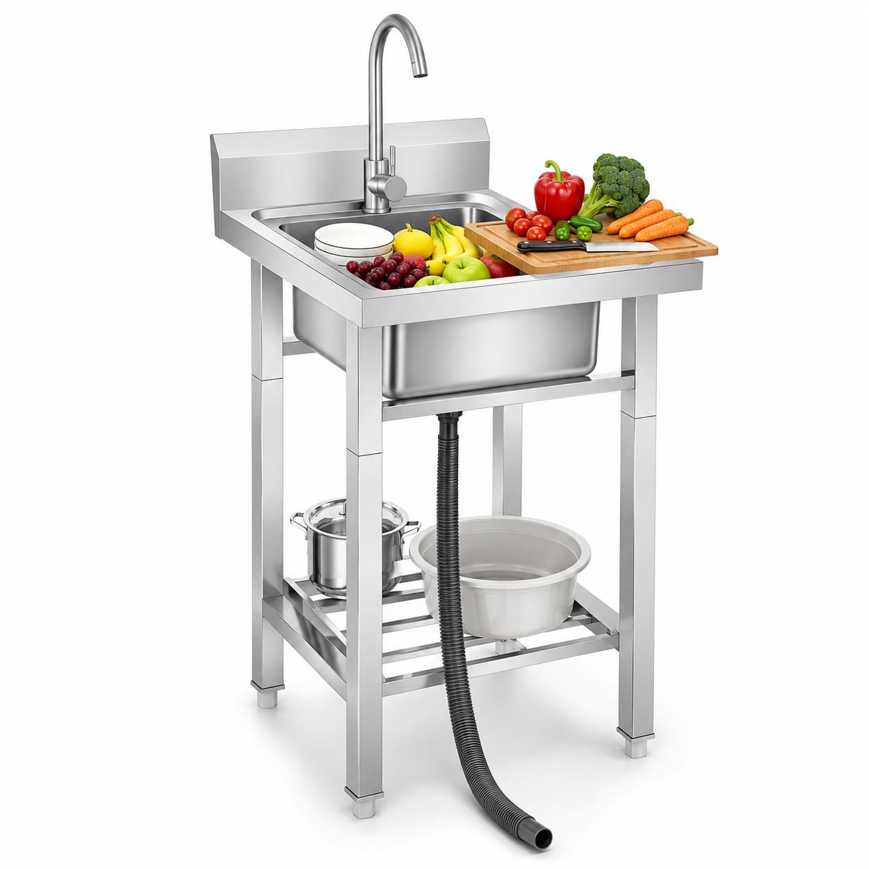 Fregadero de acero inoxidable para garaje y restaurante con bandeja profunda
