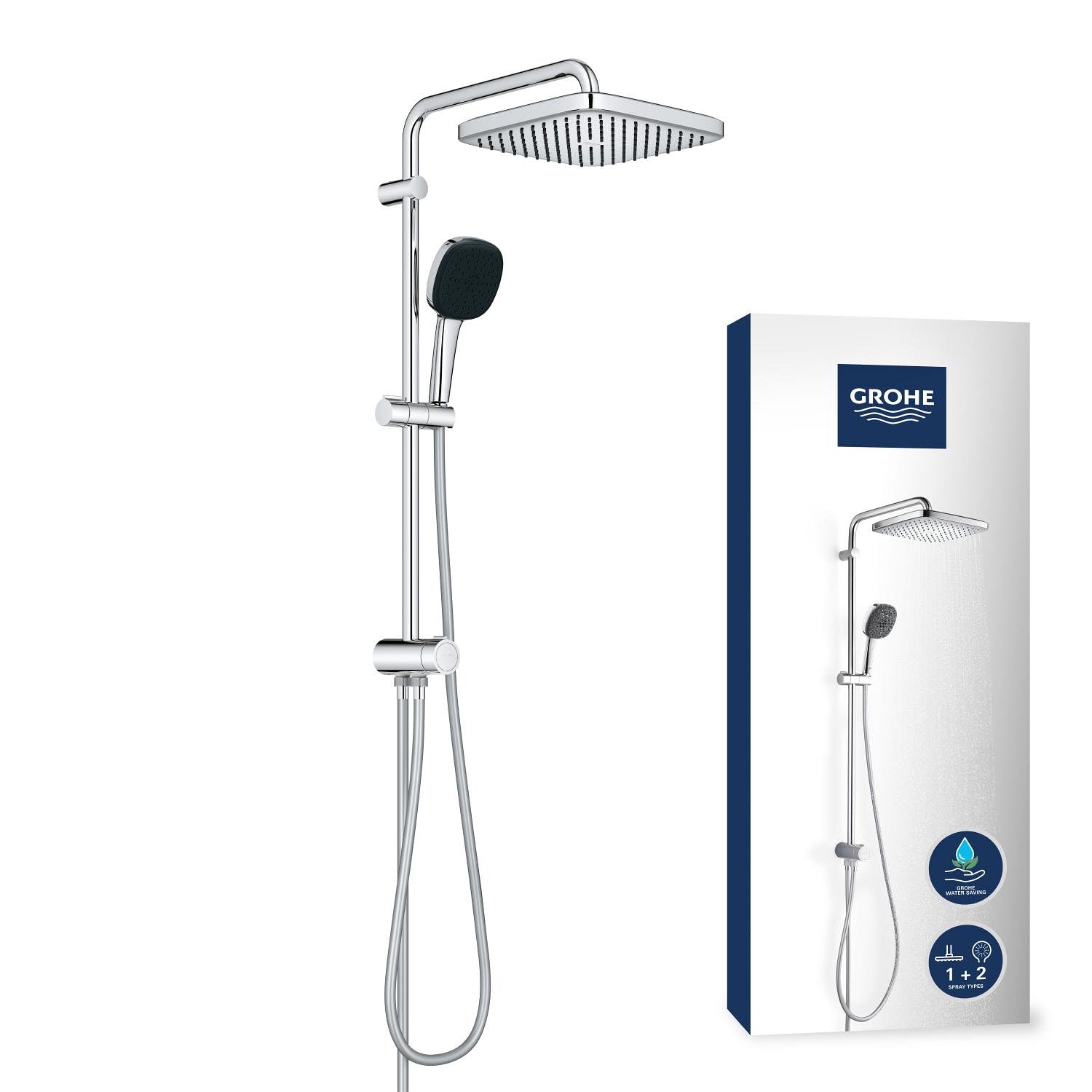 GROHE Vitalio Comfort 250 Colonna Doccia con Deviatore (soffione quadrato 25 cm 2 getti, doccetta 2 getti, deviatore, risparmio idrico), Cromo, 26698001