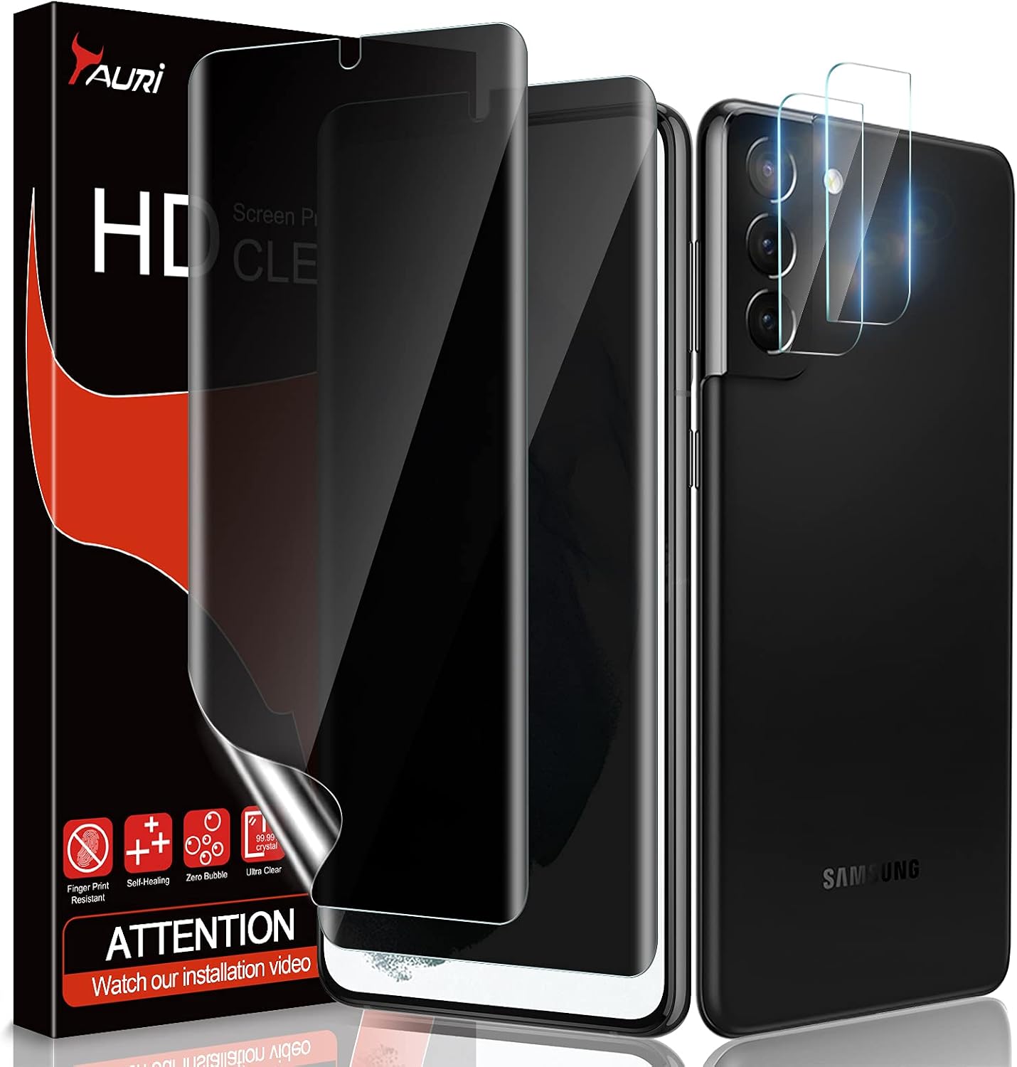 TAURI [2 + 2 Pack] for S21 Plus 5G 6.7 - inch 2 Pack Flexible TPU Film Privacy Screen Protector + 2 Pack Camera Lens Protector Support Fingerprint Unlock Bubble Free