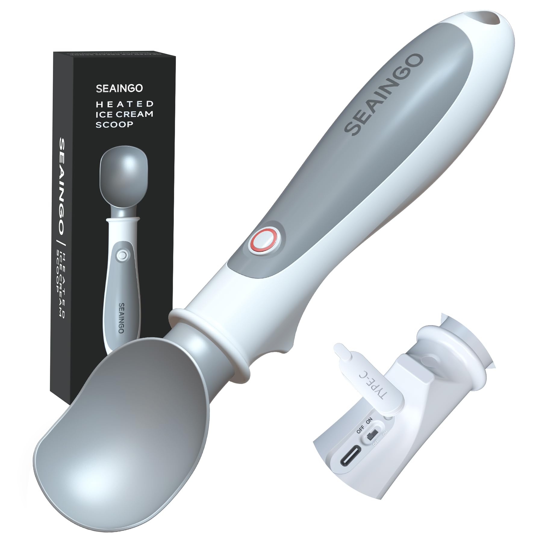 SEAINGO Heated Ice Cream Scoop - Rechargeable, ON/OFF Safety Lock Switch, Two Warming Modes, Ergonomic Handle, Electric Kitchen Tool Nonstick Scooper for Gelato, Frozen Yogurt, Sorbet &amp; More