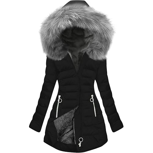 Womens Winter Coats Mid Length Sherpa Lined Warm Heavy Jackets Thickened Windproof Outerwear With Fur Hood