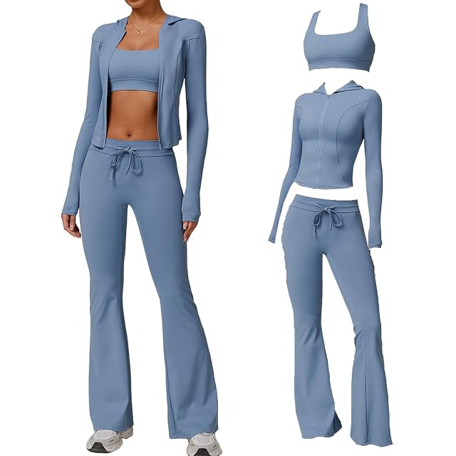 Workout Sets for Women Zip Up Upf 50 Long Sleeve Workout Jackets Sports Bra Flare Leggings Athletic Activewear