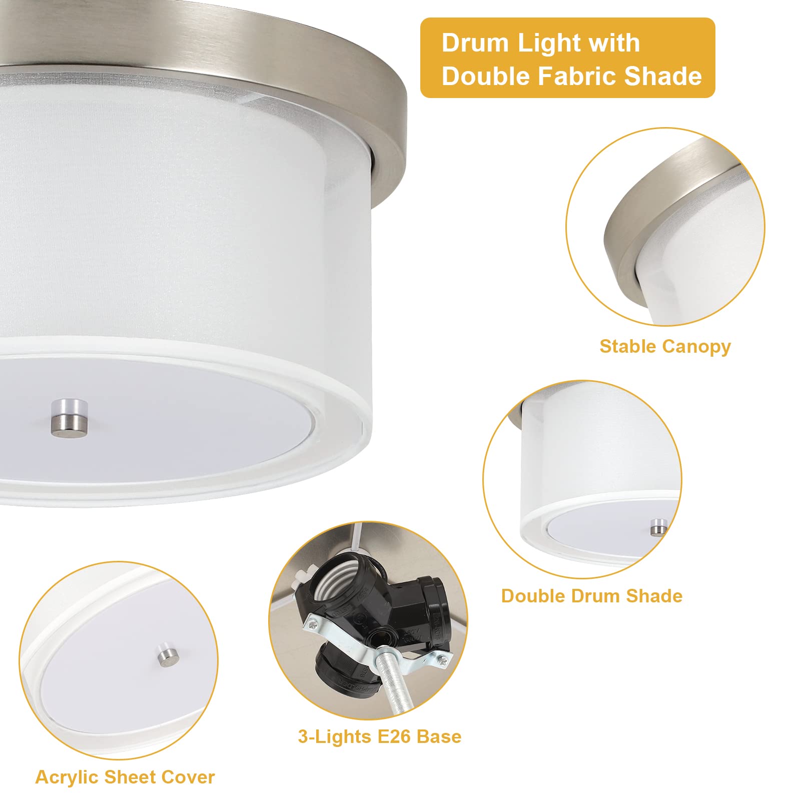 3-Light Flush Mount Ceiling Light Fixture, Modern Close to Ceiling Light with Double Fabric Drum Shade, Hallway Light Fixtures Ceiling Mount for Bedroom, Living Room, Kitchen, Dining Room, Foyer,Entry