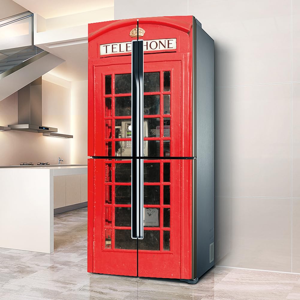 Fridge Sticker, Fridge Sticker Full Covering Door Covers Skins Wall Stickers for Kitchen Decal, Old red Phone Booth Vintage(L: 100x180 cm)