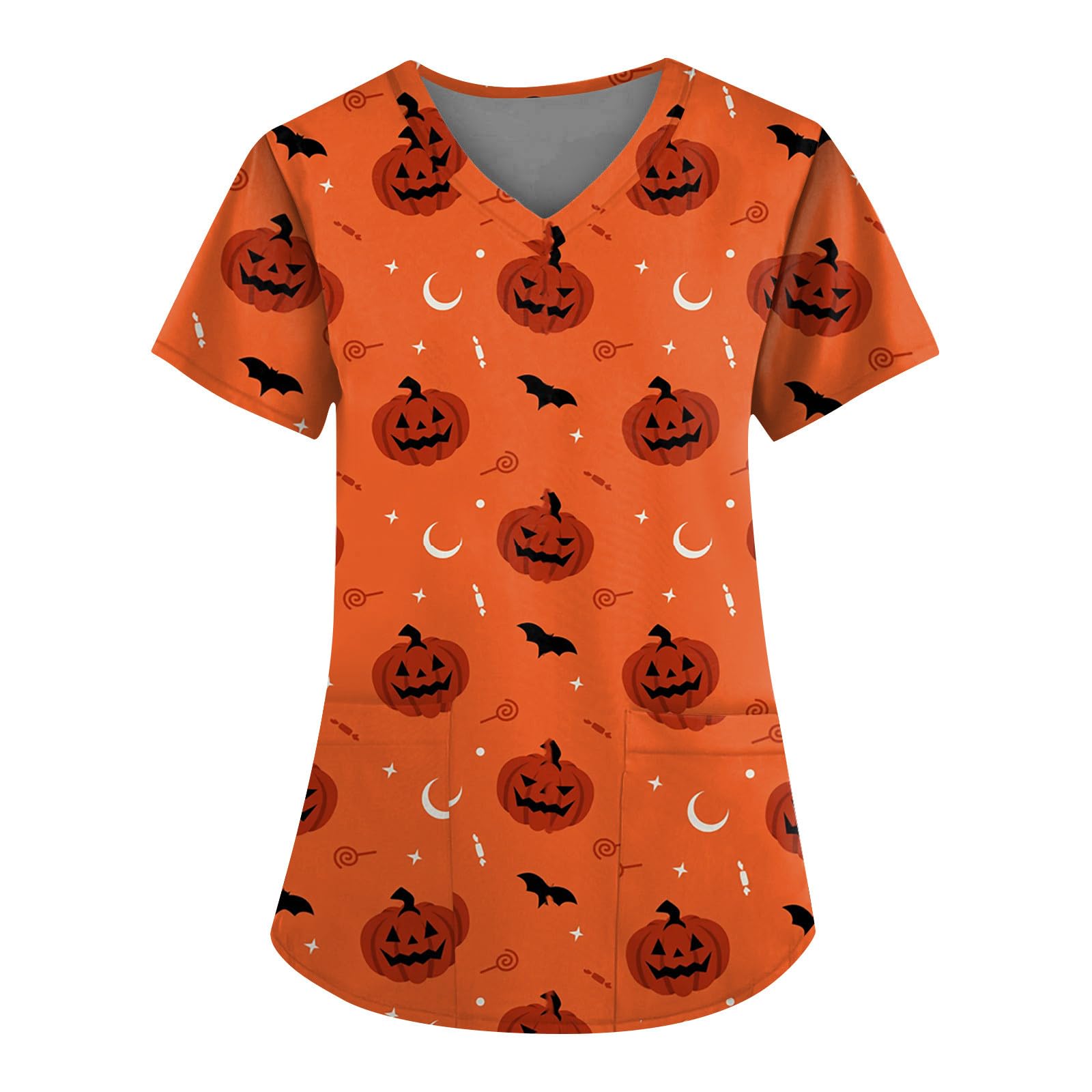 Womens Halloween Print Scrub Pumpkin V-Neck 2023 Comfortable Easy Fit Lightweight Soft Stretch Medical Top Tee 1